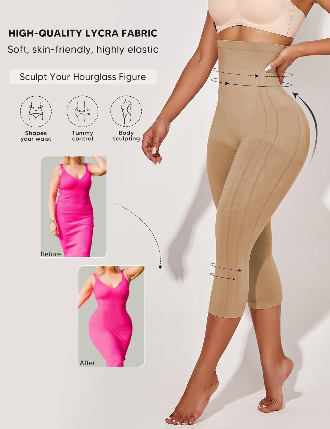 Shapewear Leggings for Women Tummy Control High Waisted Capri Body Shaper Butt Lift Thigh Slimmer