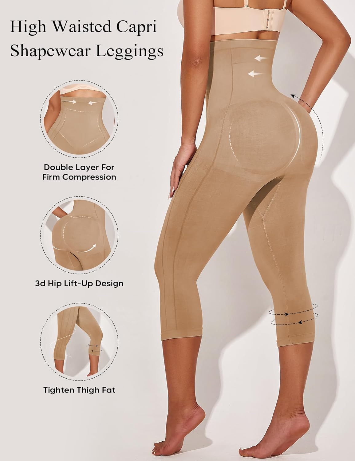 Shapewear Leggings for Women Tummy Control High Waisted Capri Body Shaper Butt Lift Thigh Slimmer