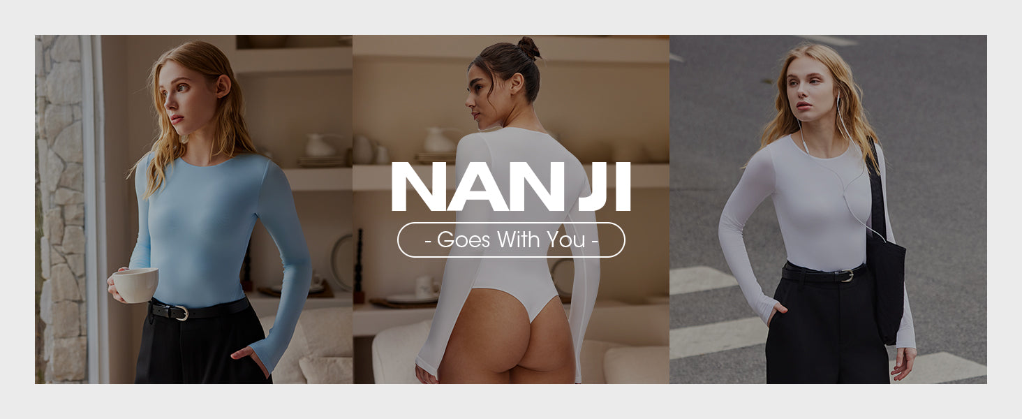 Long Sleeve Bodysuit for Women - Slim Fit Crew Neck Thong Body Suit, Stretch Double Lined Snap Tops, Casual Going Out