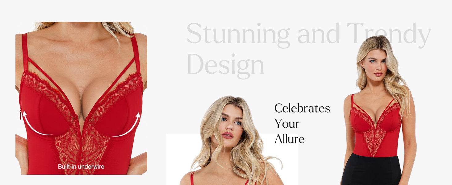 Popilush Lace Bodysuits for Women Corset Shapewear Tummy Control Body Suits V Neck Thong Underwired Outfits Side Zipper