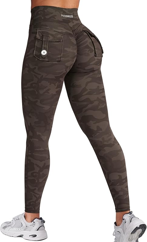 YEOREO CoreFlex Leggings with Pockets for Women Charm Scrunch Workout Leggings V Cross Waist Butt Lifting Gym Yoga Pants