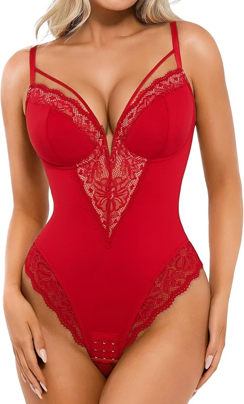 Popilush Lace Bodysuits for Women Corset Shapewear Tummy Control Body Suits V Neck Thong Underwired Outfits Side Zipper