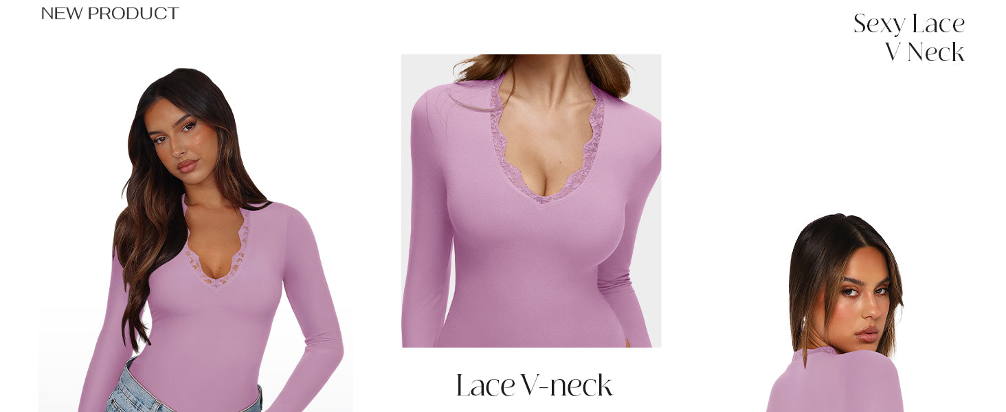 Women's Lace V Neck Long Sleeve Bodysuits Trendy Going Out Body Suit Tops Fall Outfits 2025
