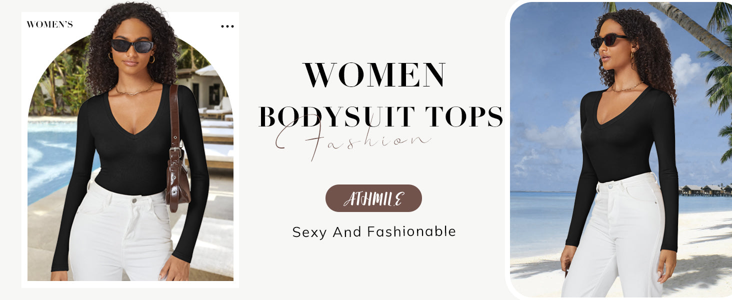 Deep V Neck Long Sleeve Bodysuits for Women Sexy Going Out Tops Body Suits
