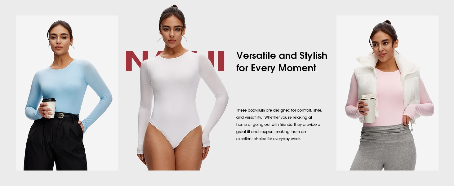 Long Sleeve Bodysuit for Women - Slim Fit Crew Neck Thong Body Suit, Stretch Double Lined Snap Tops, Casual Going Out