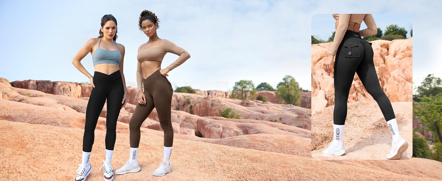 YEOREO CoreFlex Leggings with Pockets for Women Charm Scrunch Workout Leggings V Cross Waist Butt Lifting Gym Yoga Pants