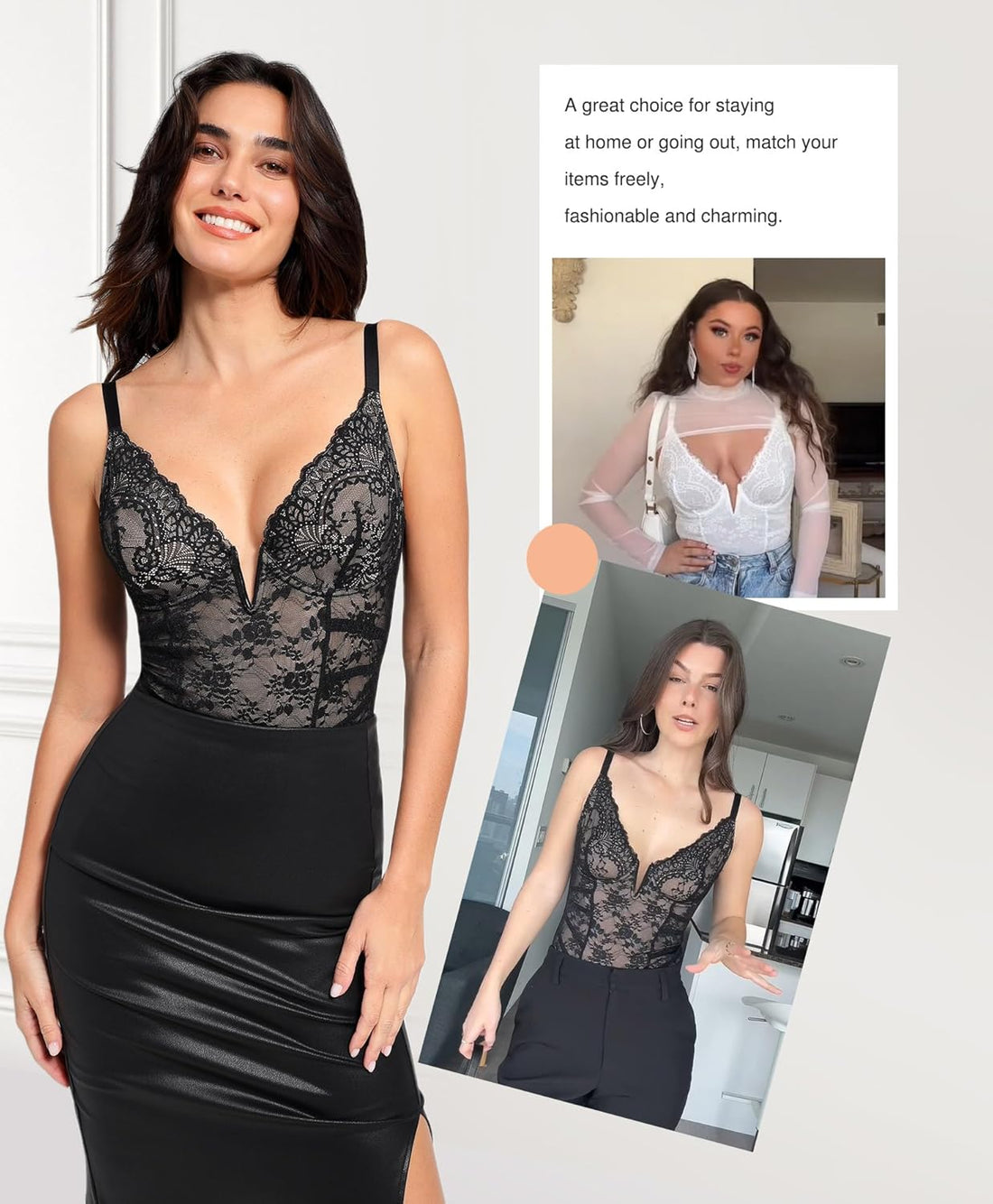 Popilush Lace Body Suits Women Tummy Control Shapewear Bodysuit Deep V Neck Backless Corset Tops Thong Body Shaper