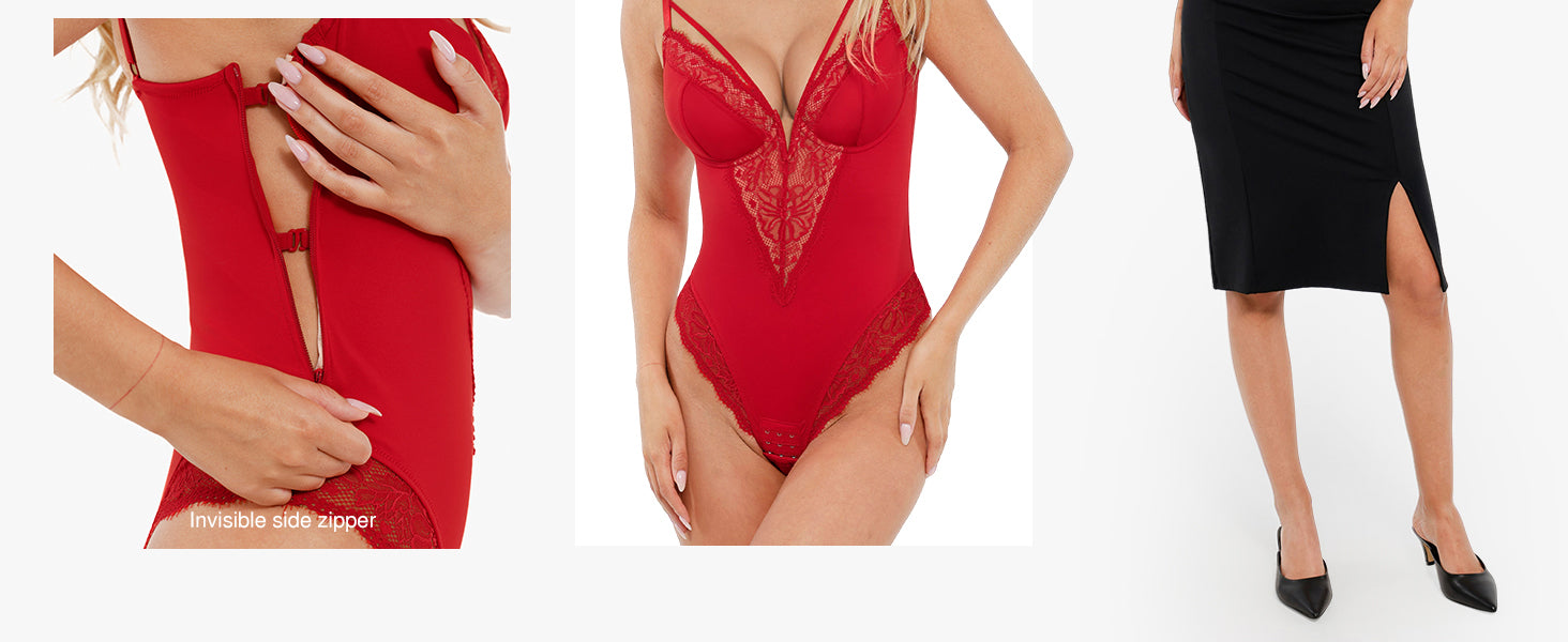 Popilush Lace Bodysuits for Women Corset Shapewear Tummy Control Body Suits V Neck Thong Underwired Outfits Side Zipper