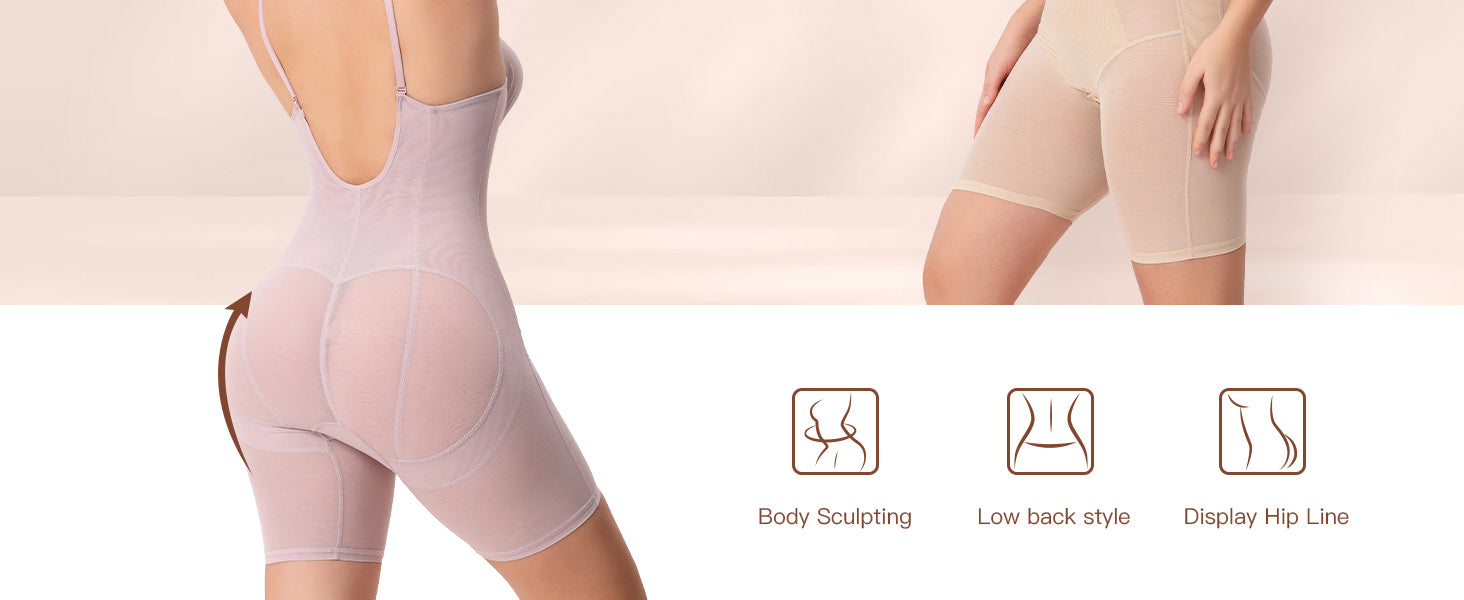 Body Shaper for Women Tummy Control U Plunge Backless Full Body Shapewear Mid Thigh Mesh strapless Bodysuit Top