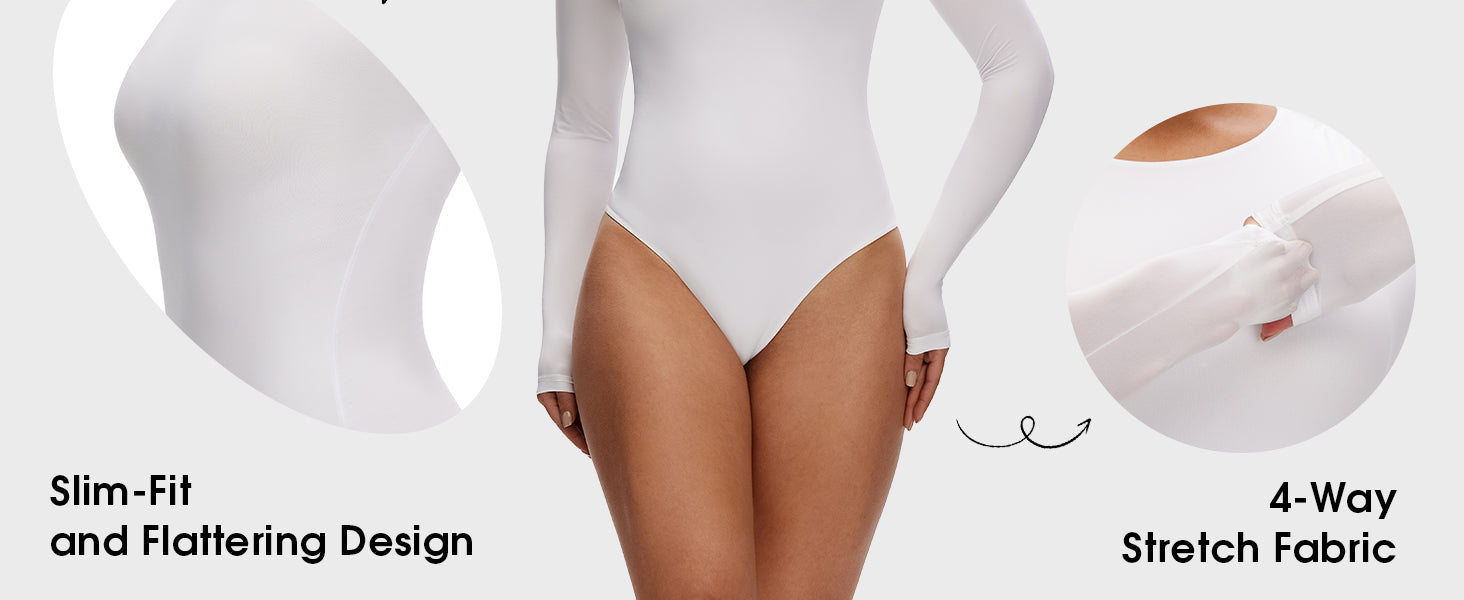 Long Sleeve Bodysuit for Women - Slim Fit Crew Neck Thong Body Suit, Stretch Double Lined Snap Tops, Casual Going Out