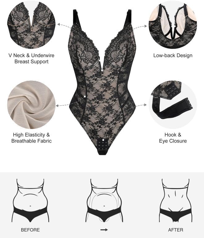 Popilush Lace Body Suits Women Tummy Control Shapewear Bodysuit Deep V Neck Backless Corset Tops Thong Body Shaper