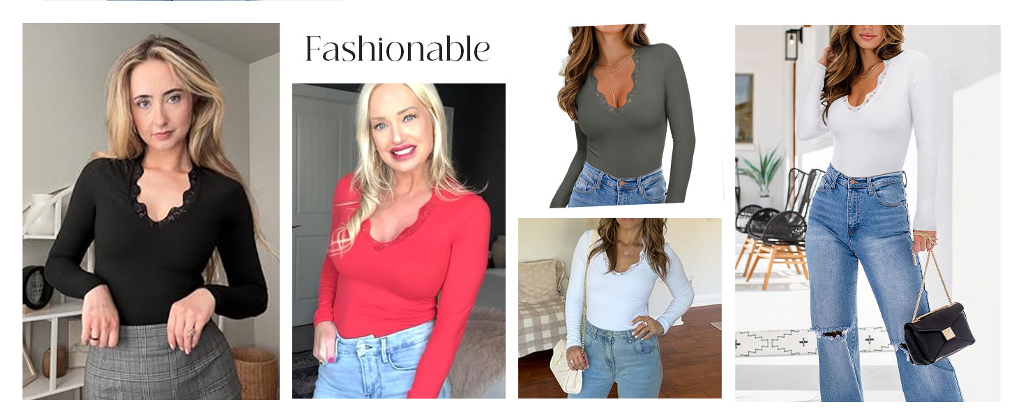 Women's Lace V Neck Long Sleeve Bodysuits Trendy Going Out Body Suit Tops Fall Outfits 2025