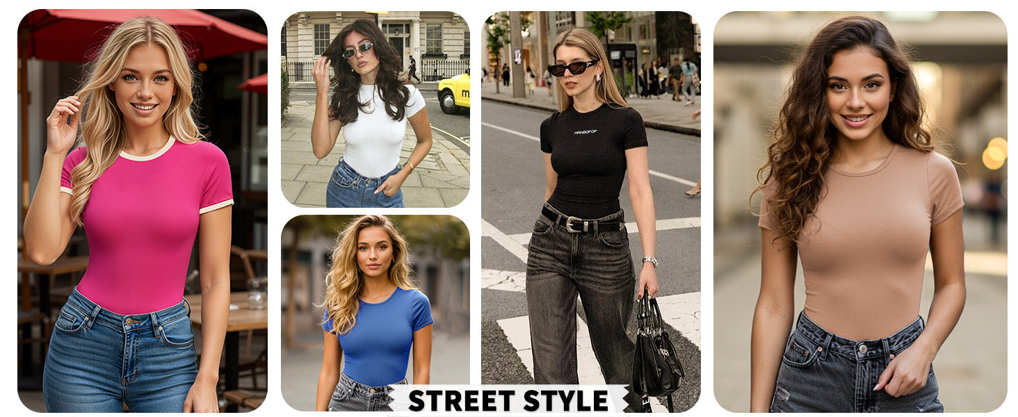 Women's Round Neck Short Sleeve Bodysuit T Shirts Basic Body Suit Tops