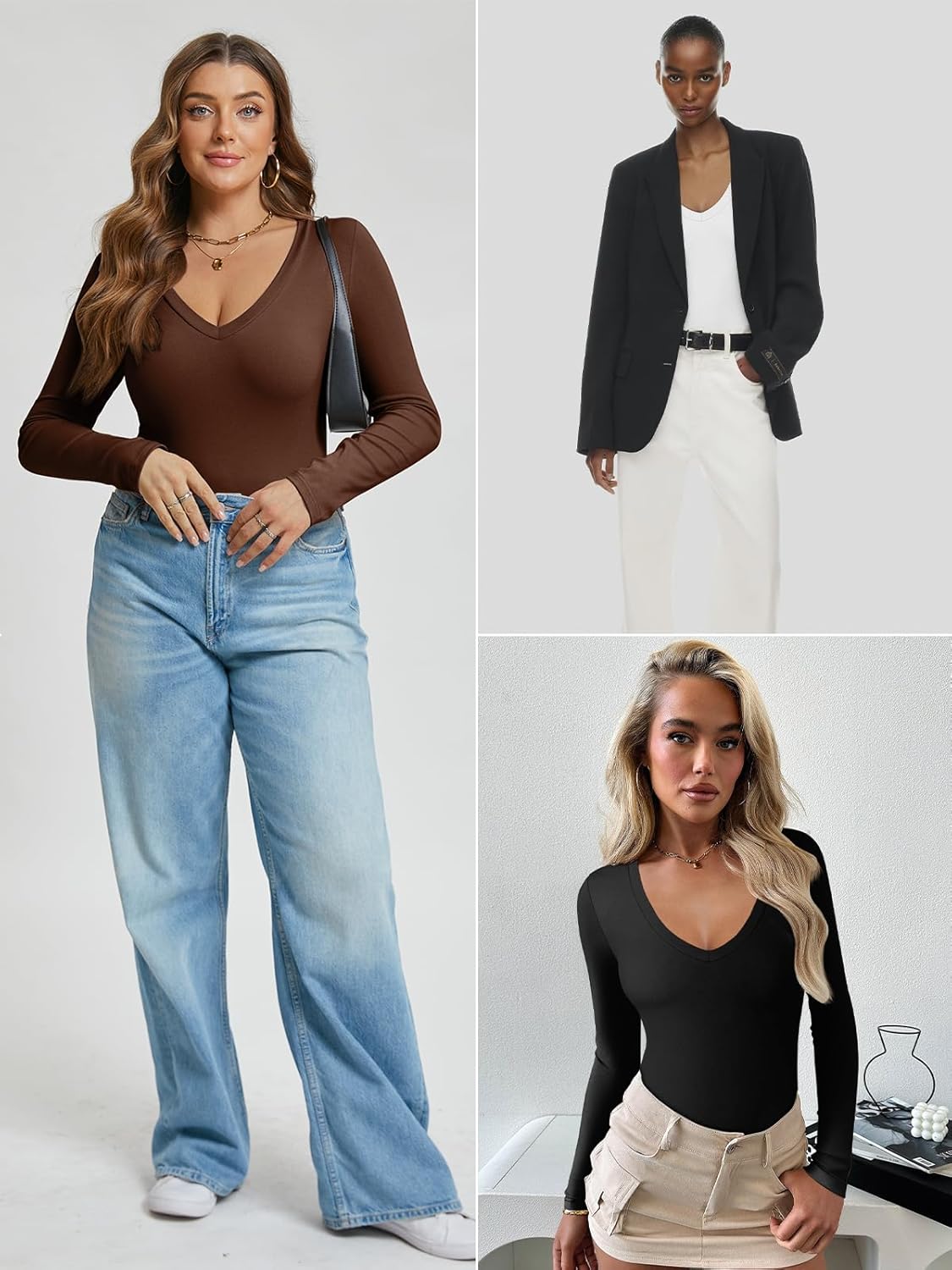 Deep V Neck Long Sleeve Bodysuits for Women Sexy Going Out Tops Body Suits