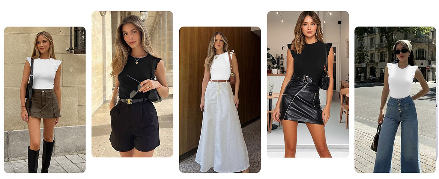 Women's Body Suits Cute Crew Neck Ruffle Sleeveless Slim Fit Bodysuit Tank Tops Tight Casual Sexy