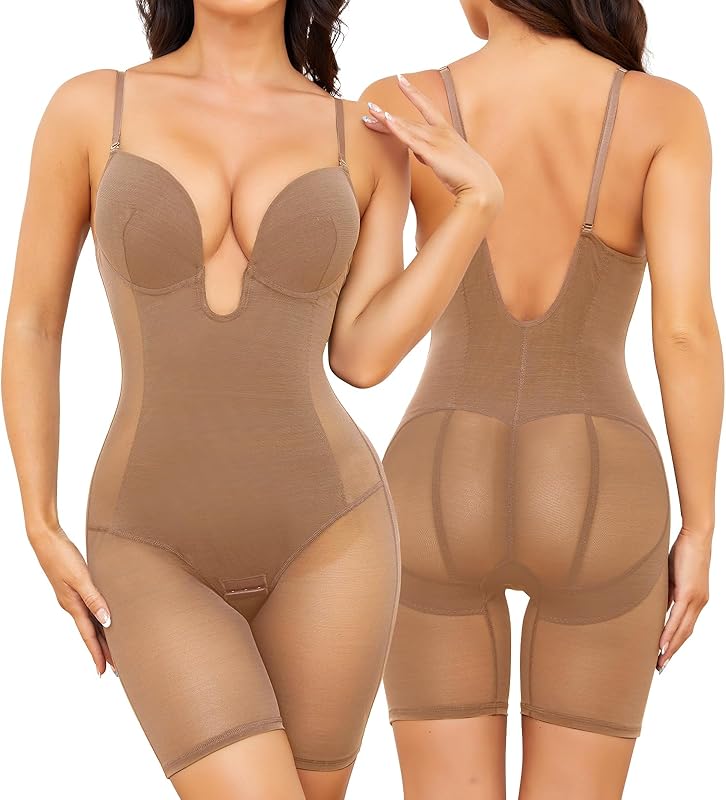 Body Shaper for Women Tummy Control U Plunge Backless Full Body Shapewear Mid Thigh Mesh strapless Bodysuit Top