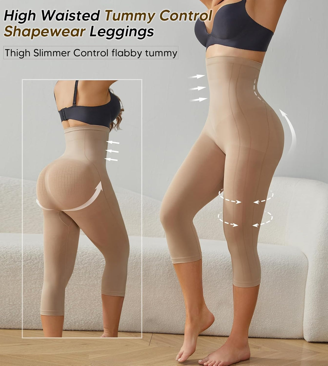 Compression Capri Leggings for Women Tummy Control Shapewear Pants High Waisted Trainer Leggings Thigh Slimmer