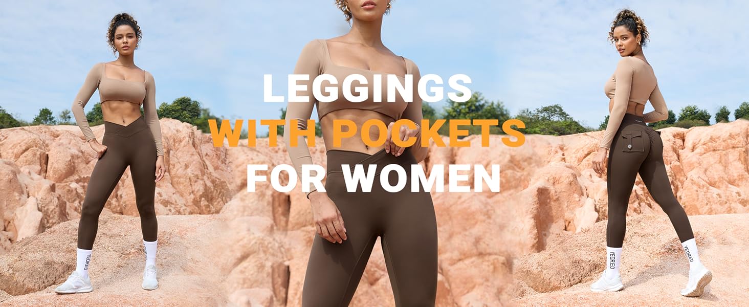 YEOREO CoreFlex Leggings with Pockets for Women Charm Scrunch Workout Leggings V Cross Waist Butt Lifting Gym Yoga Pants