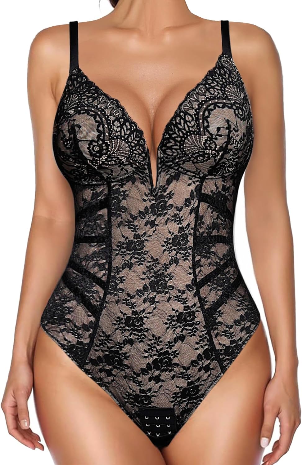 Popilush Lace Body Suits Women Tummy Control Shapewear Bodysuit Deep V Neck Backless Corset Tops Thong Body Shaper