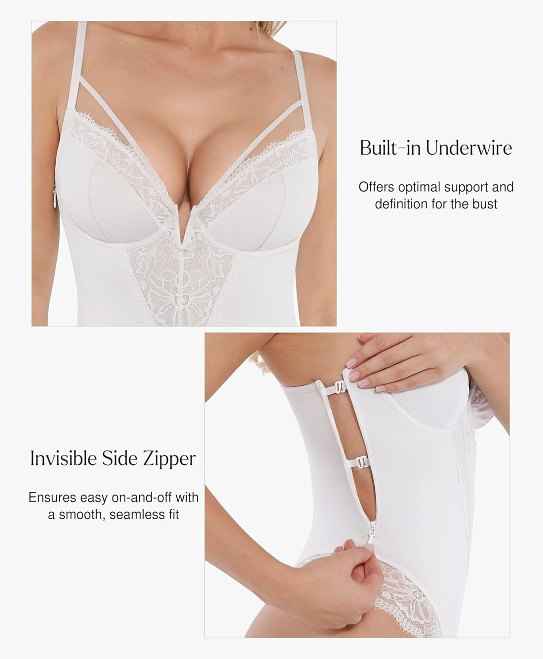 Popilush Lace Bodysuits for Women Corset Shapewear Tummy Control Body Suits V Neck Thong Underwired Outfits Side Zipper