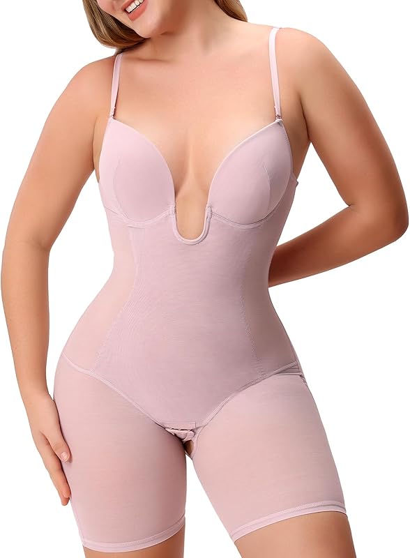 Body Shaper for Women Tummy Control U Plunge Backless Full Body Shapewear Mid Thigh Mesh strapless Bodysuit Top