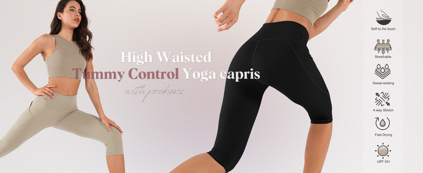 Women's High Waisted Yoga Capris with Pockets, Tummy Control Non See Through Workout Athletic Running Capri Leggings