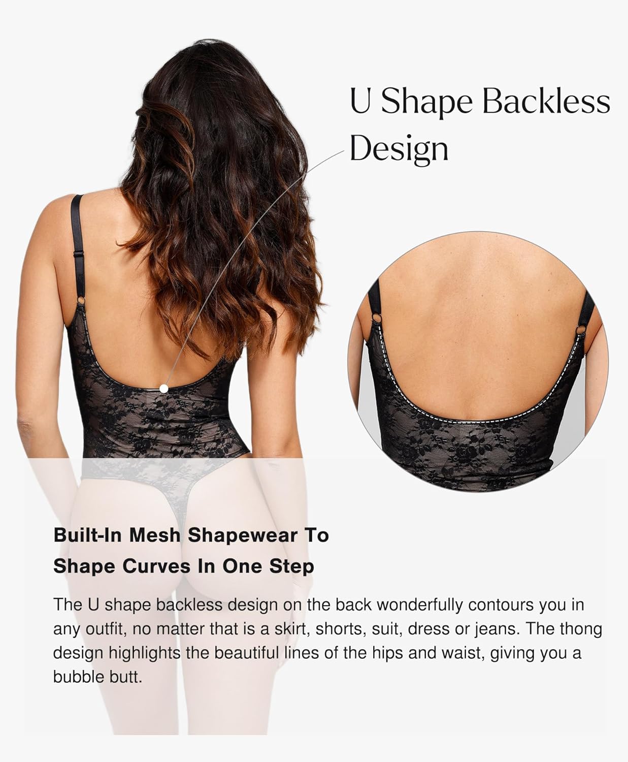 Popilush Lace Body Suits Women Tummy Control Shapewear Bodysuit Deep V Neck Backless Corset Tops Thong Body Shaper