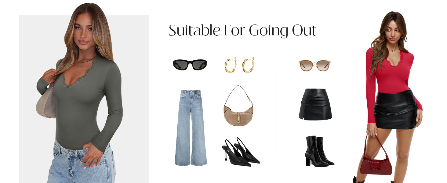 Women's Lace V Neck Long Sleeve Bodysuits Trendy Going Out Body Suit Tops Fall Outfits 2025