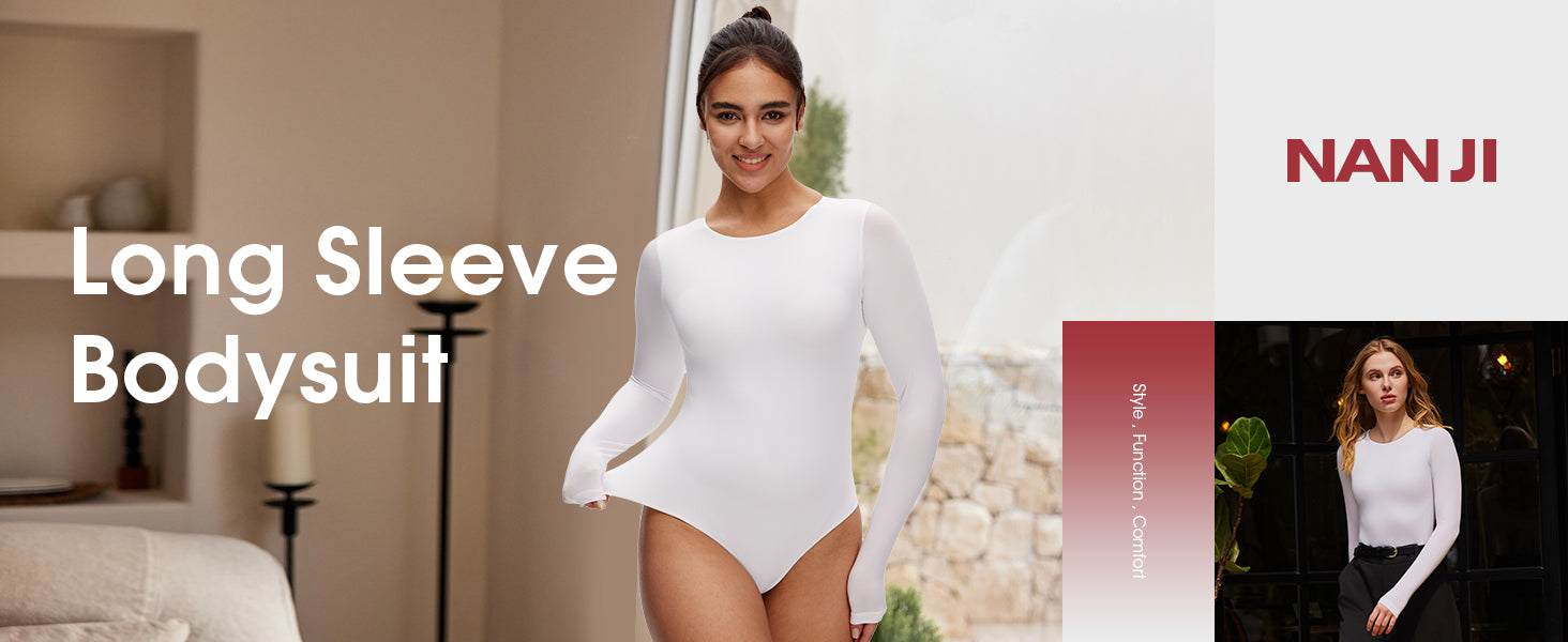 Long Sleeve Bodysuit for Women - Slim Fit Crew Neck Thong Body Suit, Stretch Double Lined Snap Tops, Casual Going Out