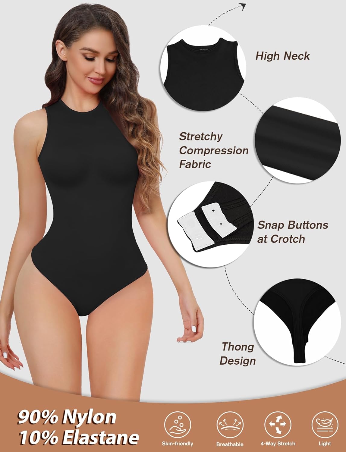 Women's Tummy Control Shapewear Bodysuit High Neck Seamless Body Shaper Sleeveless Racerback Thong Body Suit Tank
