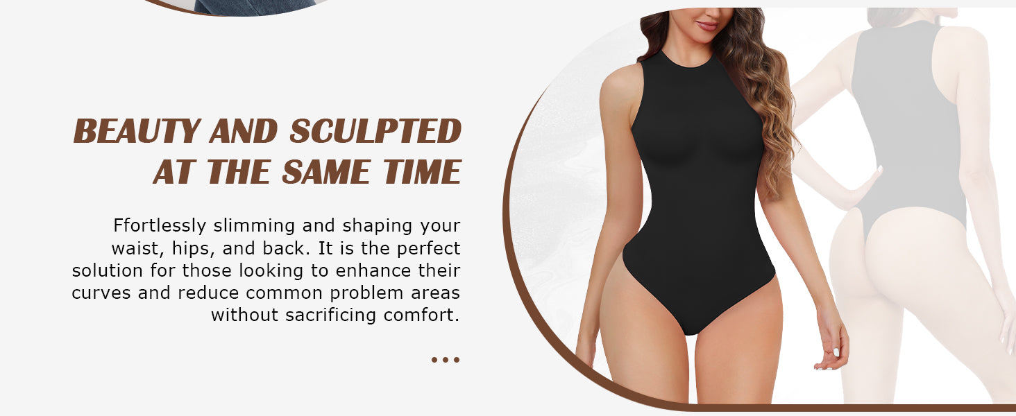 Women's Tummy Control Shapewear Bodysuit High Neck Seamless Body Shaper Sleeveless Racerback Thong Body Suit Tank