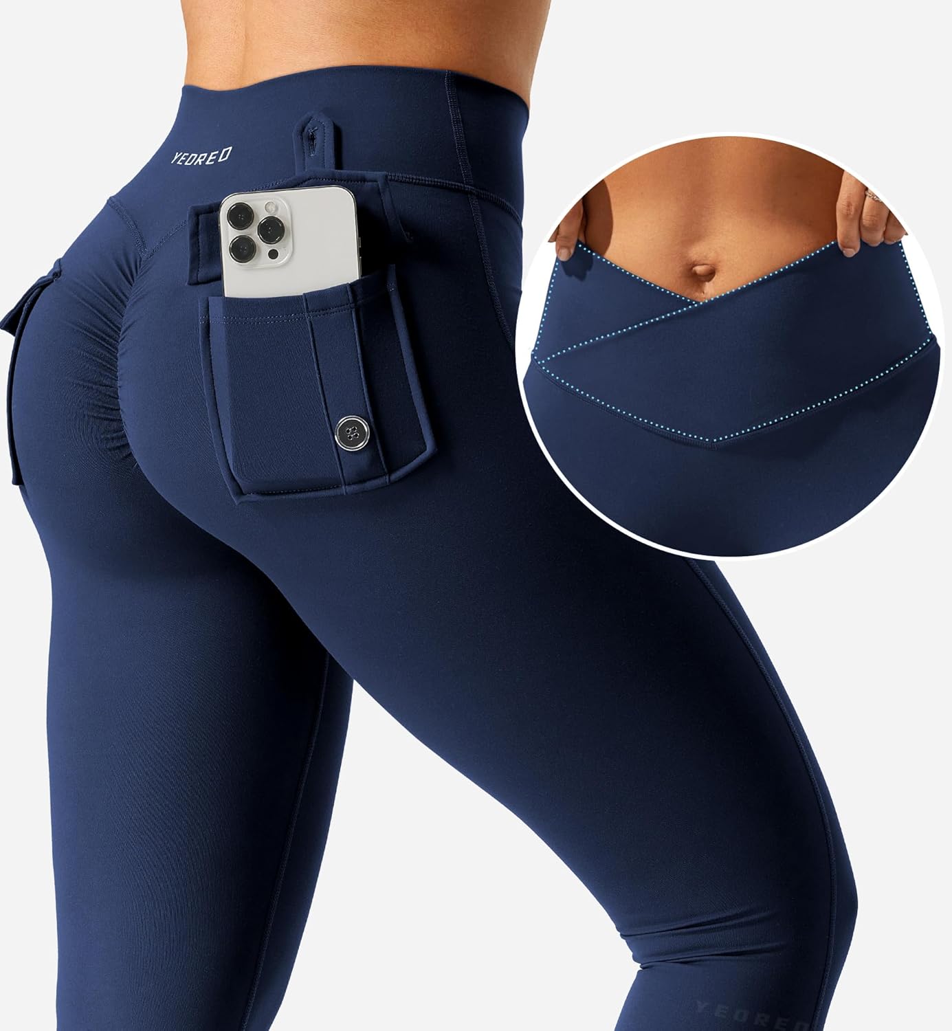 YEOREO CoreFlex Leggings with Pockets for Women Charm Scrunch Workout Leggings V Cross Waist Butt Lifting Gym Yoga Pants