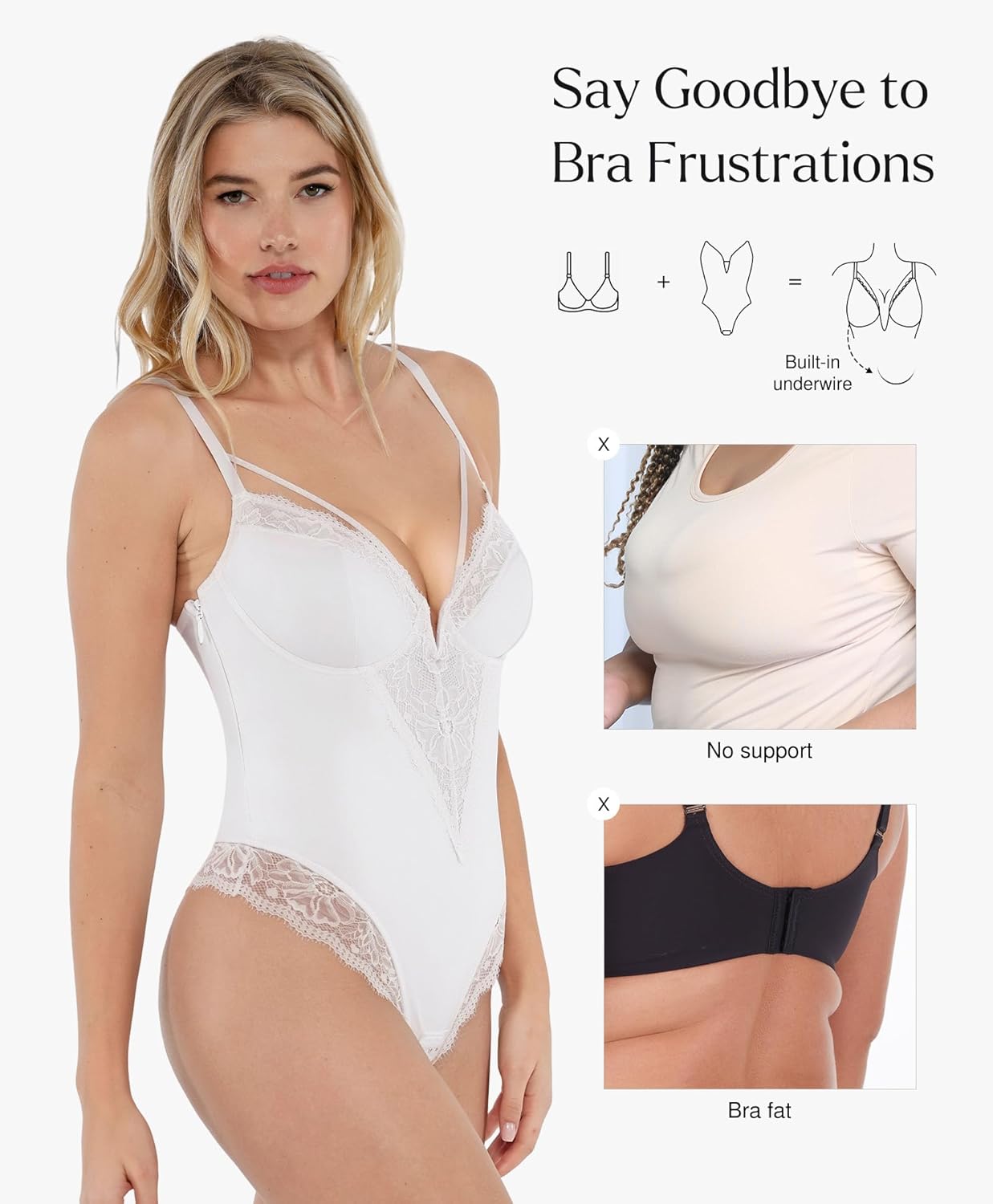 Popilush Lace Bodysuits for Women Corset Shapewear Tummy Control Body Suits V Neck Thong Underwired Outfits Side Zipper