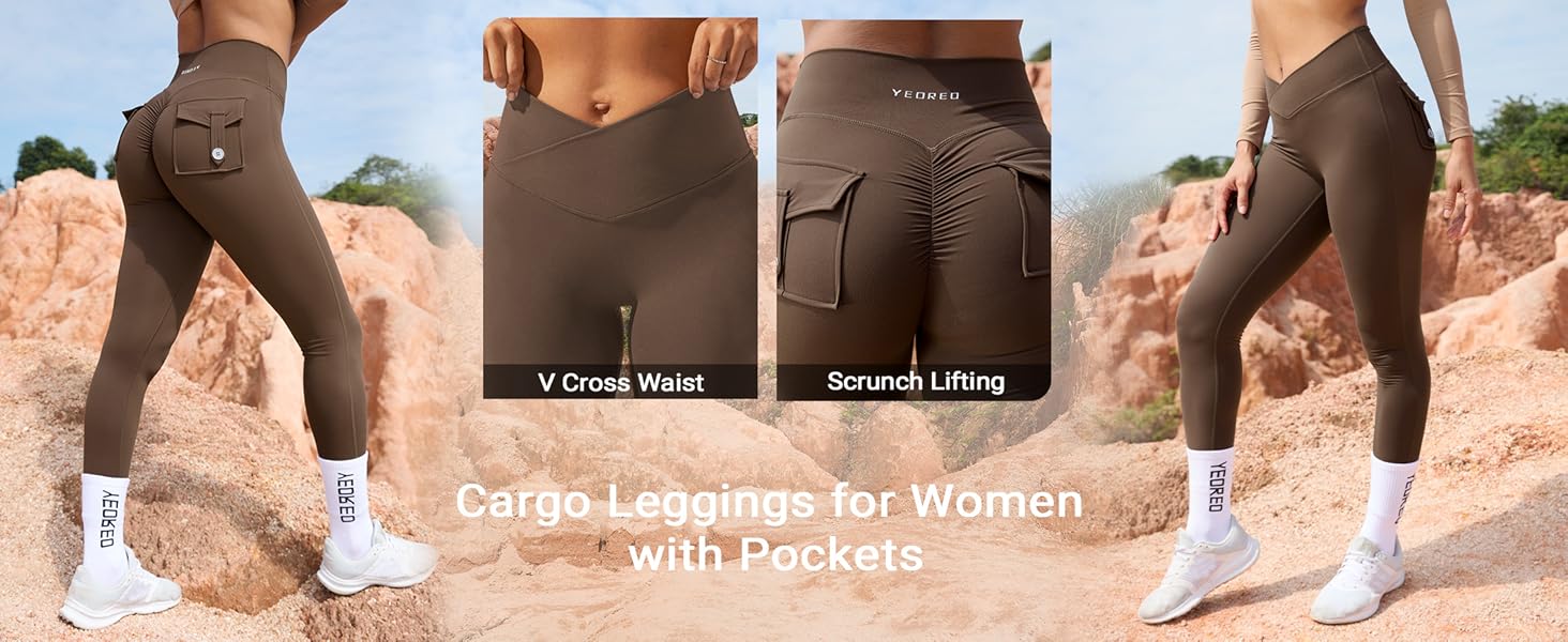 YEOREO CoreFlex Leggings with Pockets for Women Charm Scrunch Workout Leggings V Cross Waist Butt Lifting Gym Yoga Pants