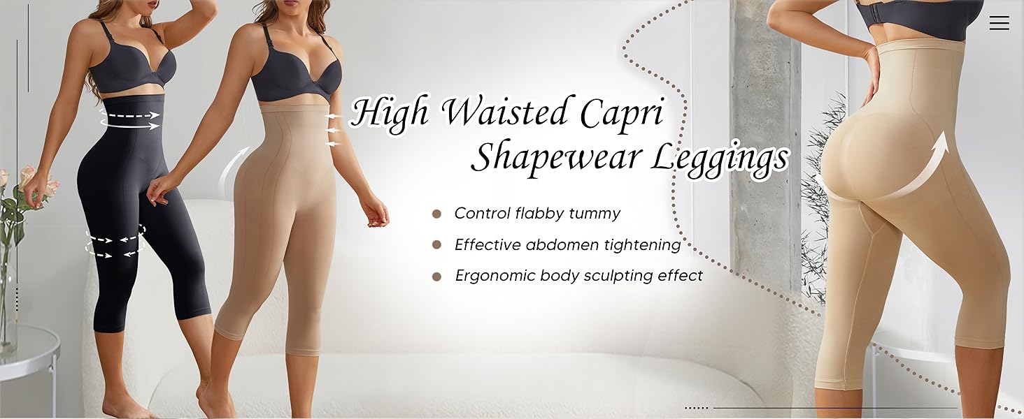 Compression Capri Leggings for Women Tummy Control Shapewear Pants High Waisted Trainer Leggings Thigh Slimmer