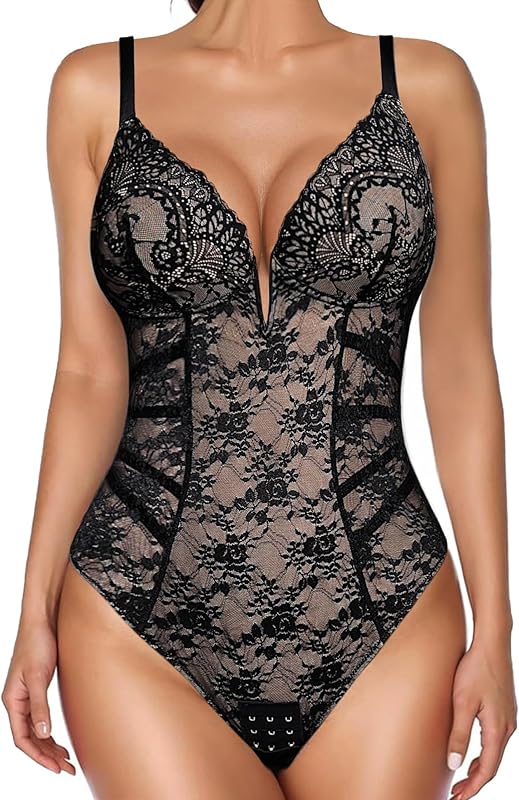 Popilush Lace Body Suits Women Tummy Control Shapewear Bodysuit Deep V Neck Backless Corset Tops Thong Body Shaper