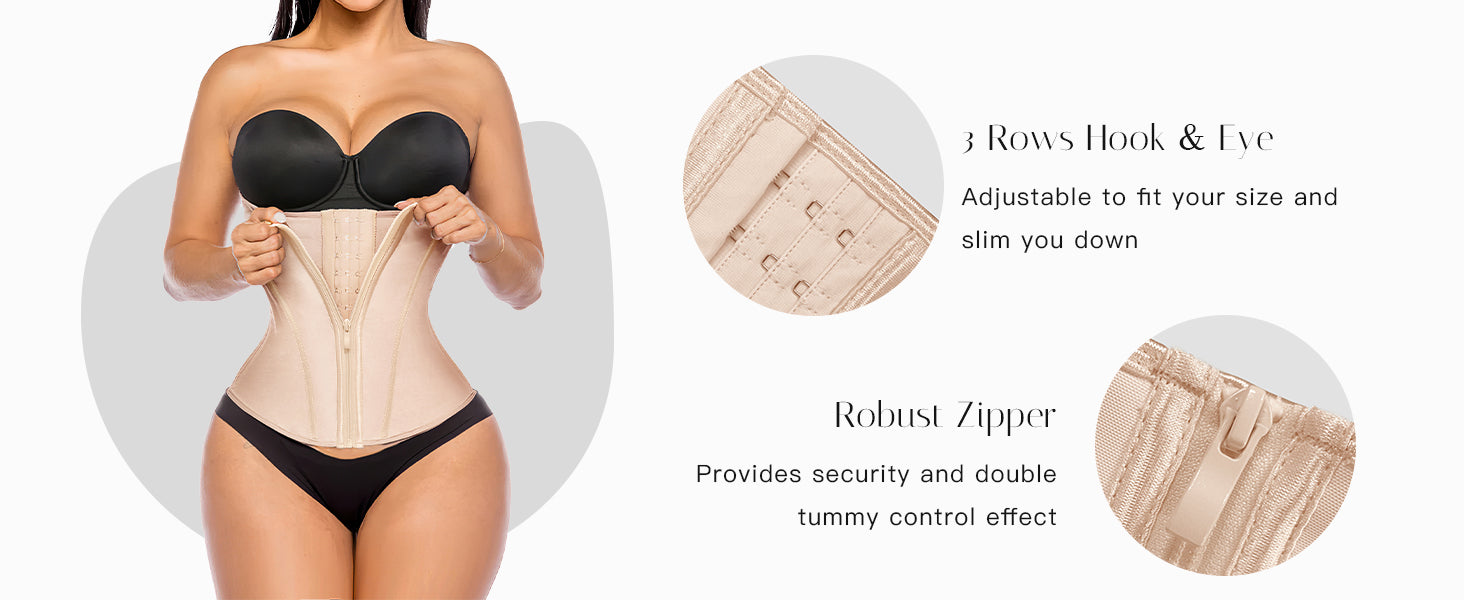 Waist Trainer for Women Latex Underbust Tummy Control Waist Cincher Corset Hourglass Body Shaper Zipper and Hooks