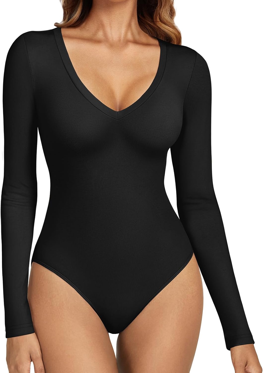 Deep V Neck Long Sleeve Bodysuits for Women Sexy Going Out Tops Body Suits