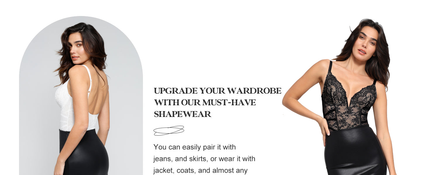 Popilush Lace Body Suits Women Tummy Control Shapewear Bodysuit Deep V Neck Backless Corset Tops Thong Body Shaper